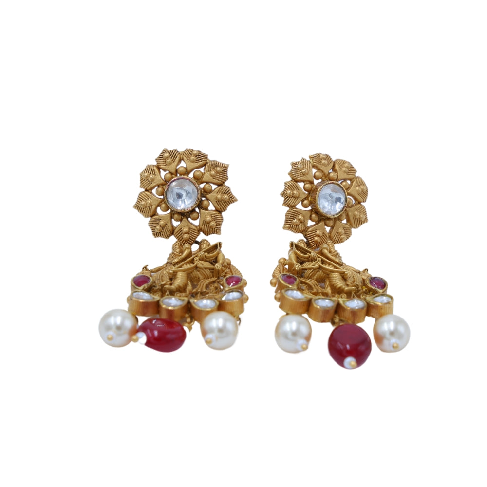 Traditional Gold Jhumki Earrings with Pearls and Rubies