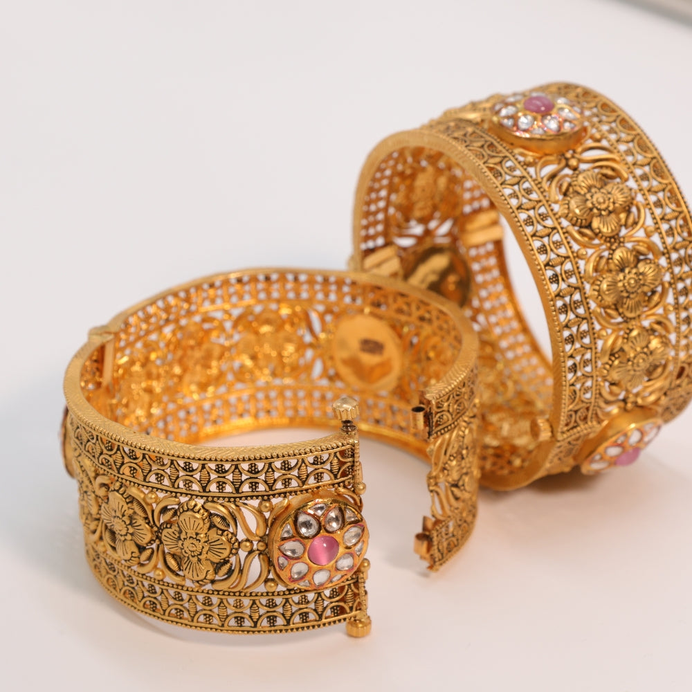 Timeless Gold Bangle Set with Pink Stones