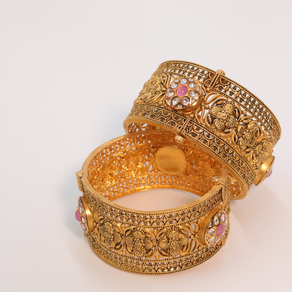 Timeless Gold Bangle Set with Pink Stones