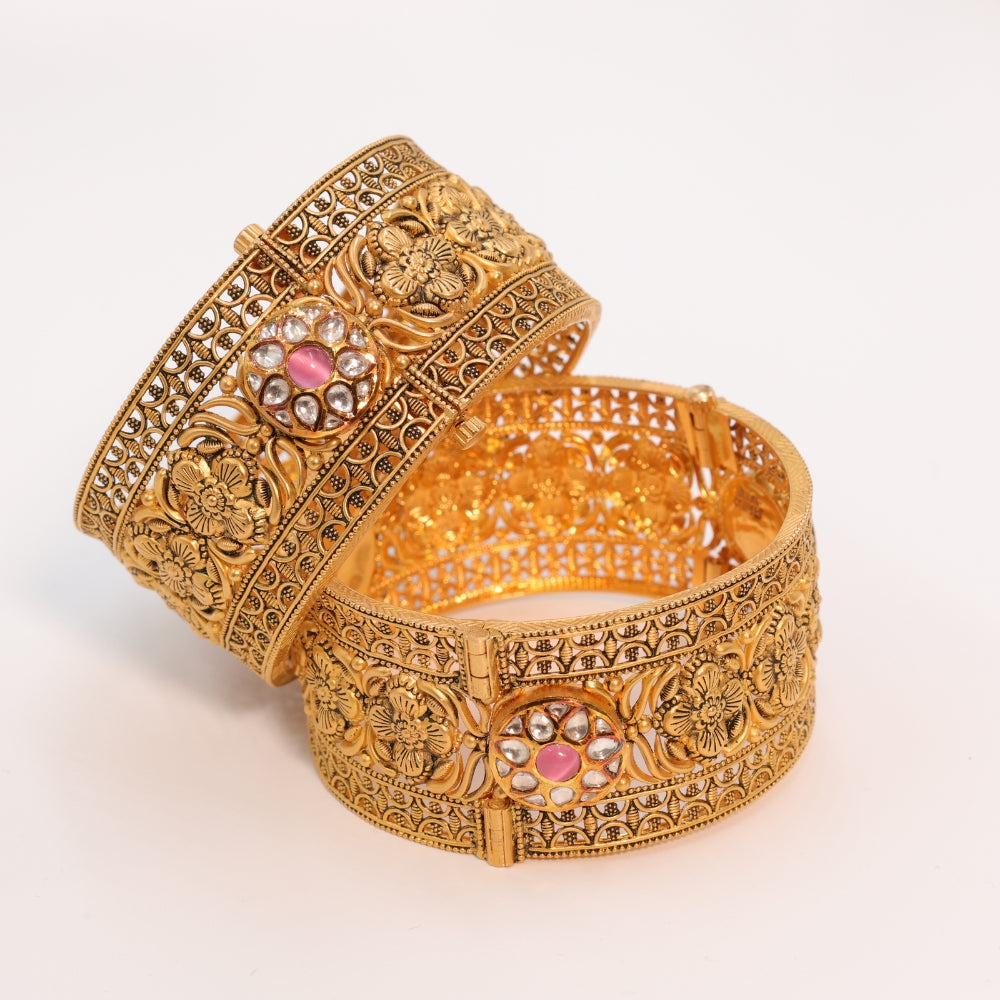 Timeless Gold Bangle Set with Pink Stones
