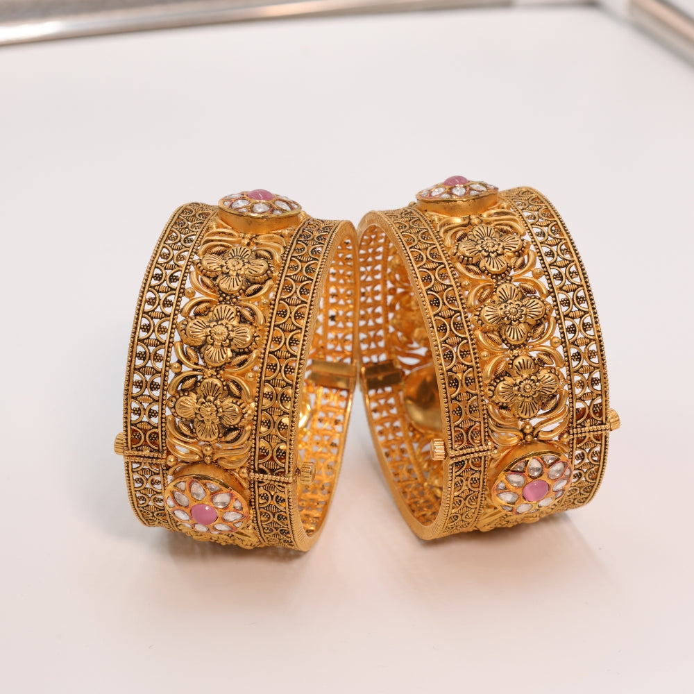 Timeless Gold Bangle Set with Pink Stones
