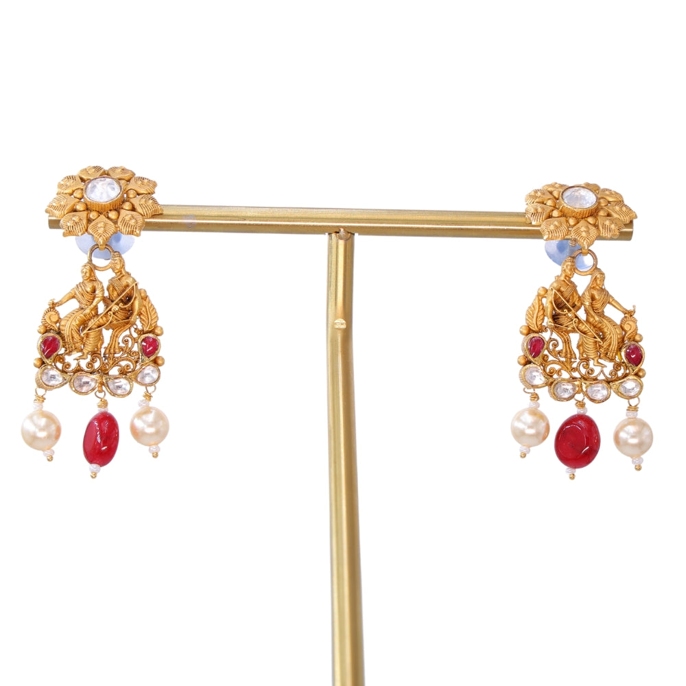 Traditional Gold Jhumki Earrings with Pearls and Rubies
