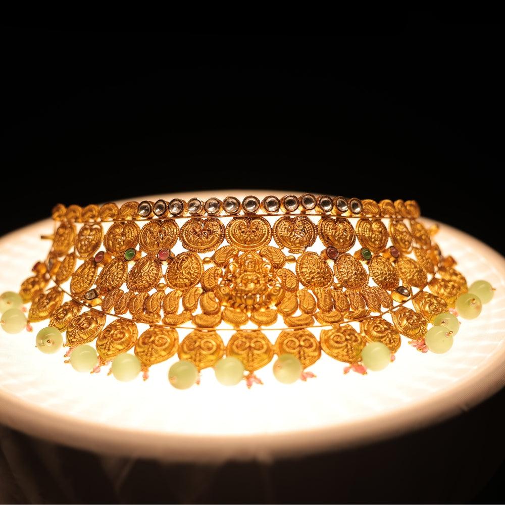 Royal Gold Choker Necklace with Green Gemstone Drops