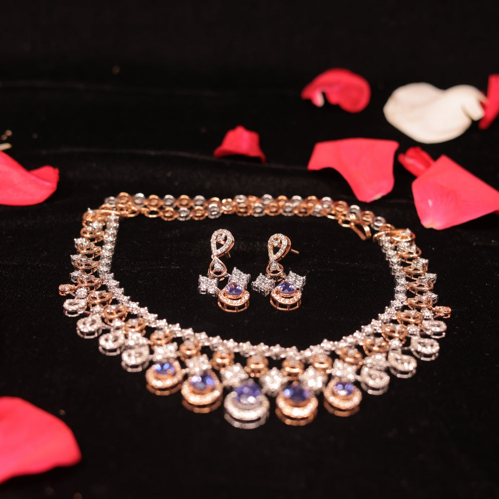 Rose Gold and Diamond Necklace Set with Sapphire Accents