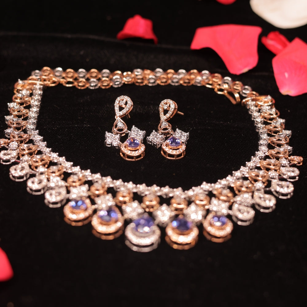 Rose Gold and Diamond Necklace Set with Sapphire Accents